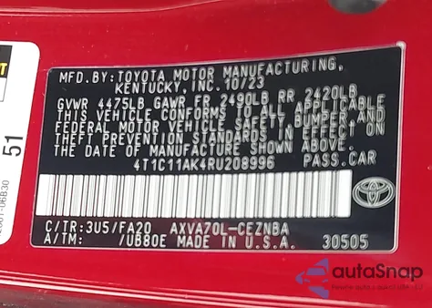 2024 Toyota Camry Le из США, поврежденный, VIN 4T1C11AK4RU208996